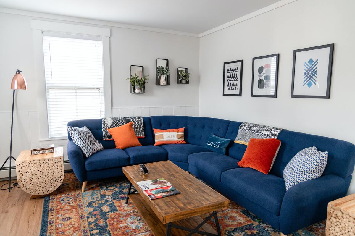 Living Room with Blue Sofa