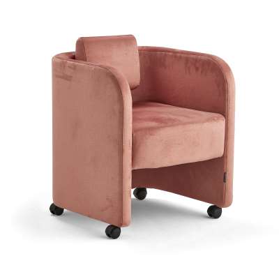 Armchair COMFY, with wheels, velvet fabric, salmon pink