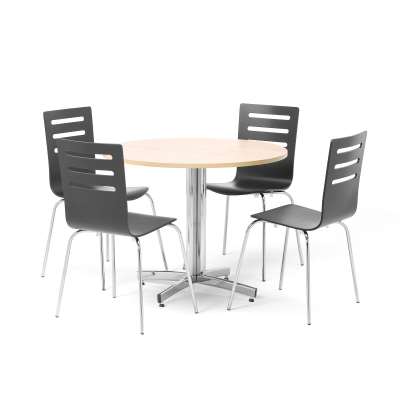 Canteen package SANNA+FLORENCE, Ø 900 mm birch table + 4 black chairs