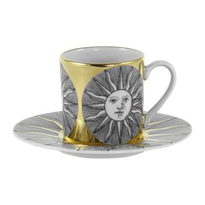 Fornasetti - Sole Espresso Cup & Saucer - Black/White/Gold