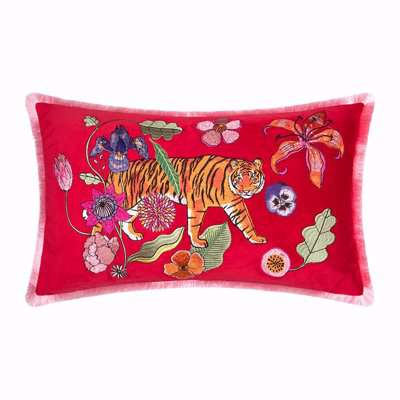 Karen Mabon - Embroidered Tiger Bouquet Bolster Cushion - 50x30cm
