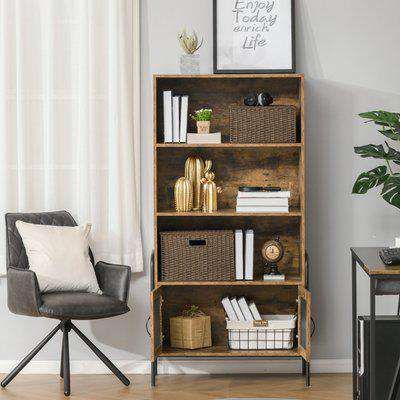 HOMCOM 4-Tier Bookcase Display Shelf Unit and Cabinet with Steel Leg Home Furniture Study Office Living Room Bedroom Rustic Brown
