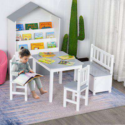 HOMCOM 4-Piece Kids Table Set with 2 Wooden Chairs, 1 Storage Bench, and Interesting Modern Design, Grey/White