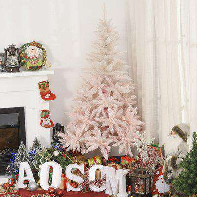 HOMCOM 5ft Artificial Christmas Tree Holiday Home Decoration with Metal Stand, Automatic Open, White and Pink