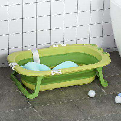 HOMCOM Baby Bath Tub for Toddler Kids Infant Ergonomic Foldable Secure Non-Slip Portable with Baby Cushion for 0-3 Years Green