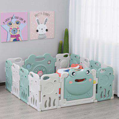 HOMCOM Baby Playpen 14 Panel Safety Gate Kids Activity Center Fence Frog Shape for Home Indoor Mom’s Helper w/ Toys HDPE