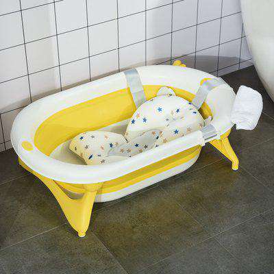 HOMCOM Collapsible Baby Bath Tub Foldable Ergonomic w/ Cushion Temperature Sensitive Water Plug Non-Slip Support Leg Portable for 0-3 Years, Yellow