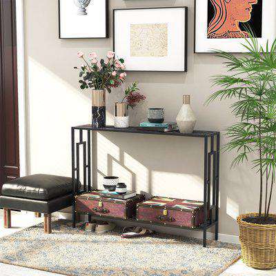 HOMCOM Industrial Console Table with Storage Shelf, Narrow Hallway Dressing Desk with Metal Frame for Living Room, Bedroom, Grey and Black