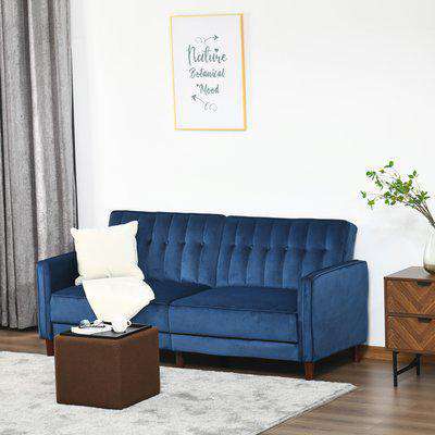 HOMCOM Convertible Sofa Futon Velvet-Touch Tufted Couch Compact Loveseat Sleeper Sofa Bed with Adjustable Split Back, Blue