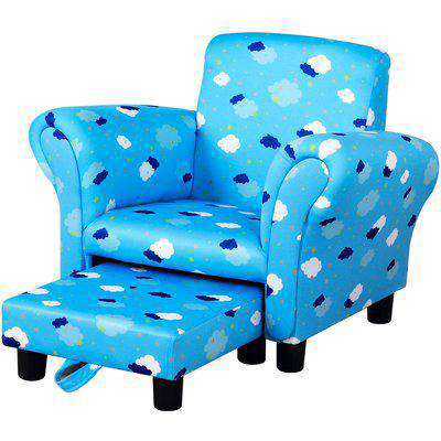 HOMCOM Kids Children Armchair Mini Sofa Wood Frame w/ Footrest Anti-Slip Legs High Back Arms Bedroom Playroom Furniture Cute Cloud Star Blue