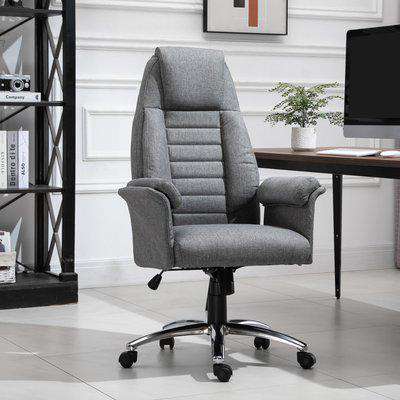 HOMCOM High Back Office Chair Home Computer Linen-Feel Fabric with Wheels, Double-Tier Armrest, Grey