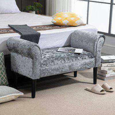 HOMCOM Ice Crush Velvet Fabric Upholstered Bed End Bench, Padded Sponge Cushion Bedroom Bench with Armrests Rubber Wood for Room Entryway, Silver Grey