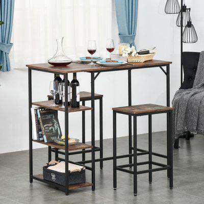 HOMCOM Dining Table Set Industrial Bar Height With 2 Stools & Side Shelf, 3 Pieces Coffee Table for Dining Room, Kitchen, Dinette