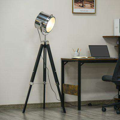 HOMCOM Industrial Style Adjustable Tripod Floor Lamp, Searchlight Reading Lamp with Wooden Legs and Steel Lampshade