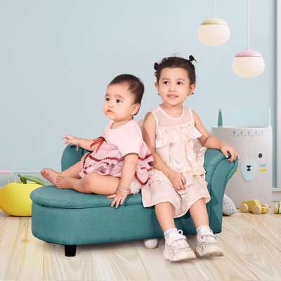 HOMCOM Kids Sofa Toddler Chair Children Armchair Lounge Seater Bed Couch for Bedroom Playroom with Storage Compartment Eucalyptus Wood Light Blue