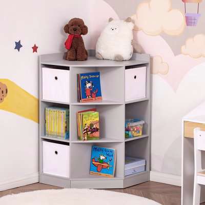 HOMCOM Kids Storage Cabinet Corner Toy Storage Organizer Bookcase Rack for Children's Play Room/Bedroom with Anti-tipping Hardware Drawers, Grey