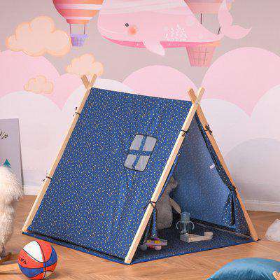 HOMCOM Kids Teepee Play Tent Portable Foldable Children Playhouse Toy for Boys and Girls with Mat Pillow Carry Case Indoor Outdoor Games Blue