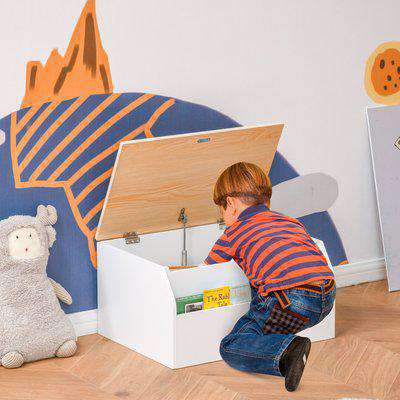 HOMCOM Wooden Kids Children Toy Box Storage Chest Organizer Book Slot Safety Hinge Playroom Furniture White