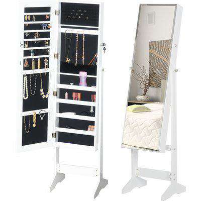 HOMCOM Jewelry Cabinet Standing Mirror Full Length Makeup Lockable Armoire Storage Organizer White