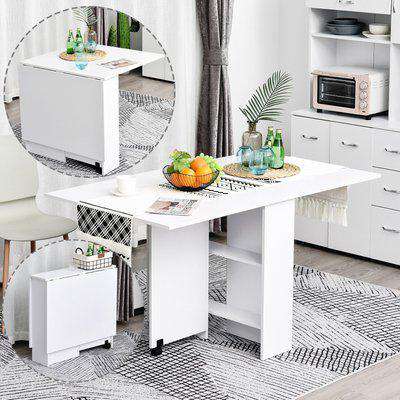 HOMCOM Mobile Drop Leaf Dining Kitchen Table Folding Desk For Small Spaces With 2 Wheels & 2 Storage Shelves White