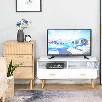 HOMCOM Modern TV Stand for TVs up to 46'' Flat Screen with Bamboo Elements, TV Console Cabinet with Drawers and Shelves, Cable Hole, White