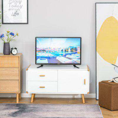 HOMCOM Modern TV Stand for TVs up to 45'' Flat Screen with Bamboo Legs, TV Console Cabinet with Drawers and Cupboard, Living Room and Office, White