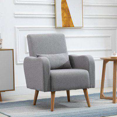 HOMCOM Accent Chair Linen-Touch Armchair Upholstered Leisure Lounge Sofa Club Chair with Pillow & Wood Legs - Grey