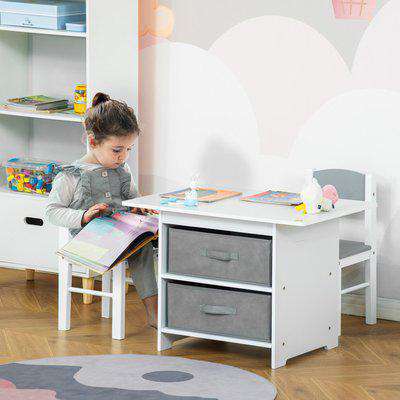 HOMCOM 3 Pcs Kids Table & Chairs Set Mini Seating Furniture Home Playroom Bedroom Dining Room w/ Storage Drawers Safe Corners for 2-4 Years old White