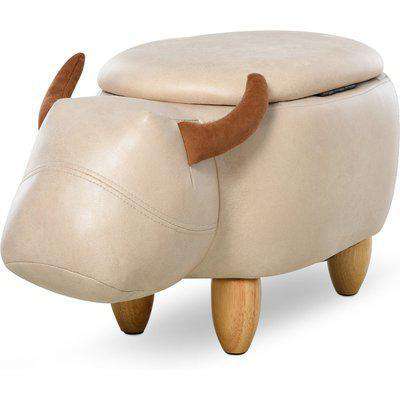 HOMCOM Animal footstool Buffalo Storage Stool Cute Kids Decoration Wood Frame Legs w/Padding Lid Ottoman Furniture Ivory