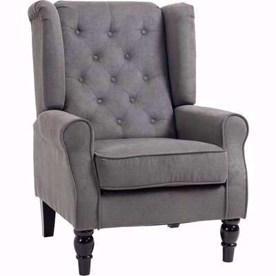 HOMCOM Retro Accent Chair, Wingback Armchair with Wood Frame Button Tufted Design for Living Room Bedroom, Dark Grey
