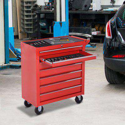 Durhand Roller Tool Cabinet Storage Chest Box 7 Drawers Roll Wheels Garage Workshop Red