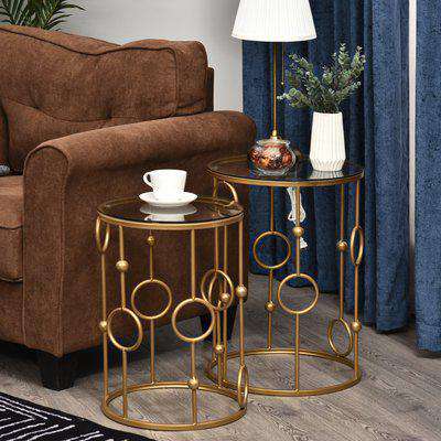HOMCOM Round Coffee Tables Set of 2, Gold Nesting Side End Tables with Tempered Glass Top, Steel Frame for Living Room, Gold