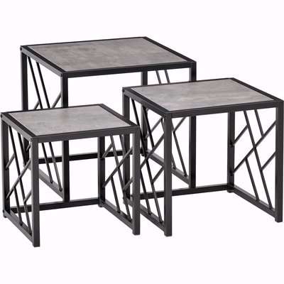 HOMCOM Set of 3 Nesting Coffee Tables, Square Side Tables with Black Metal Frame, for Living Room, Bedroom and Office, Grey
