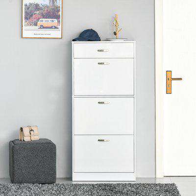 HOMCOM Shoe Cabinet with 4 Drawers Storage Cupboard with Flip Doors Pull Down Furniture Unit with Adjustable Shelves for 18 Pairs White