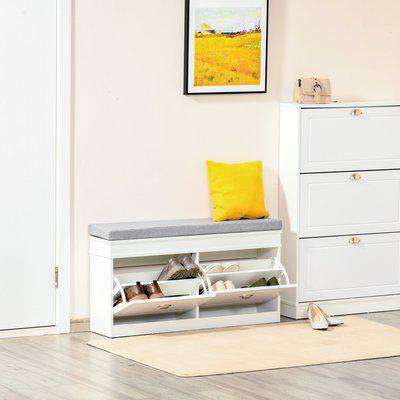 HOMCOM Shoe Storage Bench with Seat Cushion Hallway Cabinet Organizer with 2 Drawers Adjustable Shelf for Entryway Living Room Bedroom White