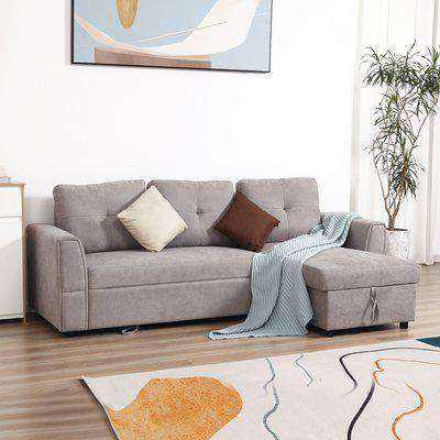 HOMCOM Sofa Bed Reversible L-Shaped Sectional Sofa Set Linen-Touch Sleeper Futon with Storage, Grey