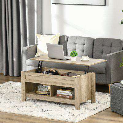 HOMCOM Lift Top Coffee Table with Hidden Storage Compartment and Open Shelves, Lift Tabletop Pop-Up Center Table for Living Room, Oak Effect
