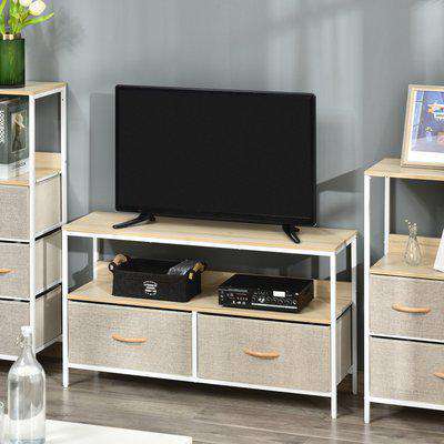 HOMCOM TV Cabinet, TV Console Unit with 2 Foldable Linen Drawers, TV Stand with Shelving for Living Room, Entertainment Room, Maple Wood Effect
