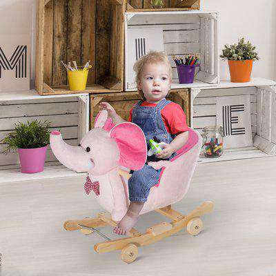HOMCOM 2 In 1 Plush Baby Ride on Rocking Horse Elephant Rocker with Wheels Wooden Toy for Kids 32 Songs (Pink)