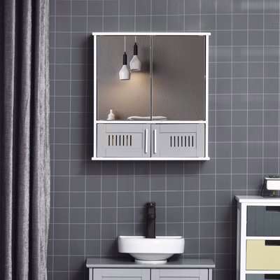kleankin Bathroom Mirror Cabinet, Wall Mounted Storage Cupboard with Double Doors and Adjustable Shelf, Bathroom Organizer, Grey