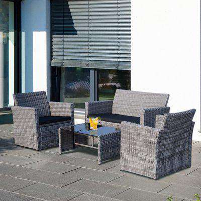 Outsunny Rattan Garden Sofa Set Outdoor Patio Wicker Weave 2-seater Bench Chairs & Coffee Table Conservatory Furniture  - Grey