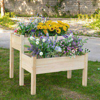 Outsunny 2-Piece Solid Fir Wood Plant Raised Bed Flower Vegetable Herb Grow Box Stand Garden Step Planter Stand, 86x85x72cm, Natural