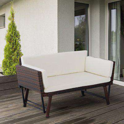 Outsunny 2 Seater Rattan Folding Daybed Sofa Bench Garden Chaise Lounger Loveseat with Cushion Outdoor Patio Brown