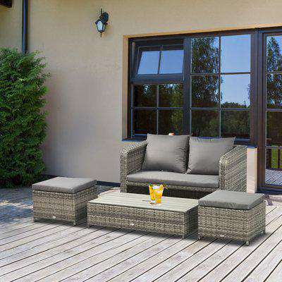 Outsunny 4-Piece Outdoor Wicker Conversation Patio Set All Weather PE Rattan Sofa Furniture with Double Sofa, 2 Ottomans and Lift Top Coffee Table
