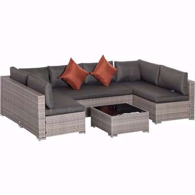 Outsunny 6-Seater Patio PE Rattan Wicker Sofa Set, Outdoor All Weather Conservatory Furniture, w/ Tempered Glass Coffee Table, Deep Grey