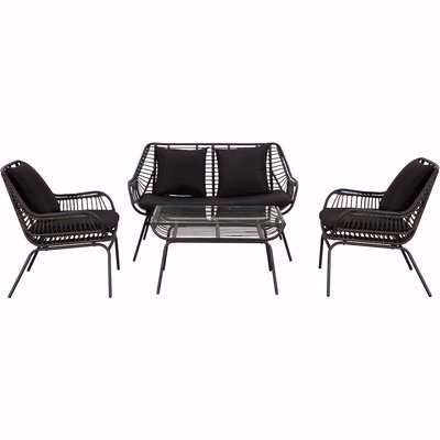 Outsunny 4-Seater Webbed PE Rattan Dining Set Unique Smooth Curved w/ Sofa 2 Armchairs Statement Table Glass Top Thick Cushions Black