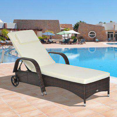 Outsunny Garden Rattan Furniture Single Sun Lounger Recliner Bed Reclining Chair Patio Outdoor Wicker Weave Adjustable Headrest - Brown