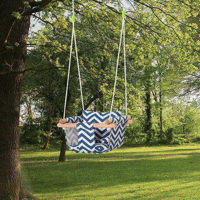 Outsunny Baby Swing Canvas Seat, Folding Secure Hanging Hammock Chair Indoor Outdoor with Cotton Cushion Pillow and Wooden Frame, Blue and White