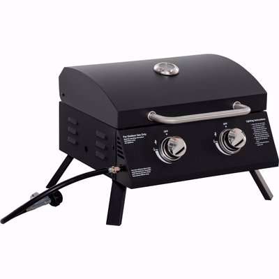 Outsunny 2 Burner Gas BBQ Grill Outdoor Portable Folding Tabletop Barbecue w/ Lid, Thermometer, Carbon Steel, Black
