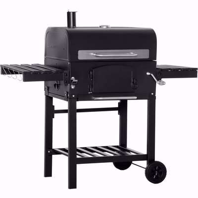 Outsunny Charcoal Grill BBQ Trolley with Adjustable Charcoal Height, Garden Smoker Barbecue with Folding Shelves, Thermometer on Lid, Bottle Opener